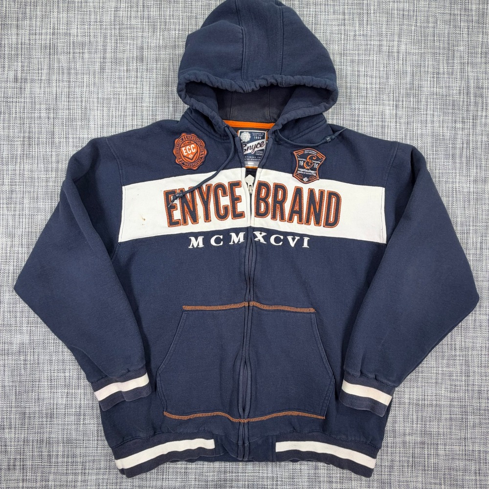 Enyce Mens Large Navy Blue Full Zip Hoodie Embroidered Logo Cotton Fleece Patch